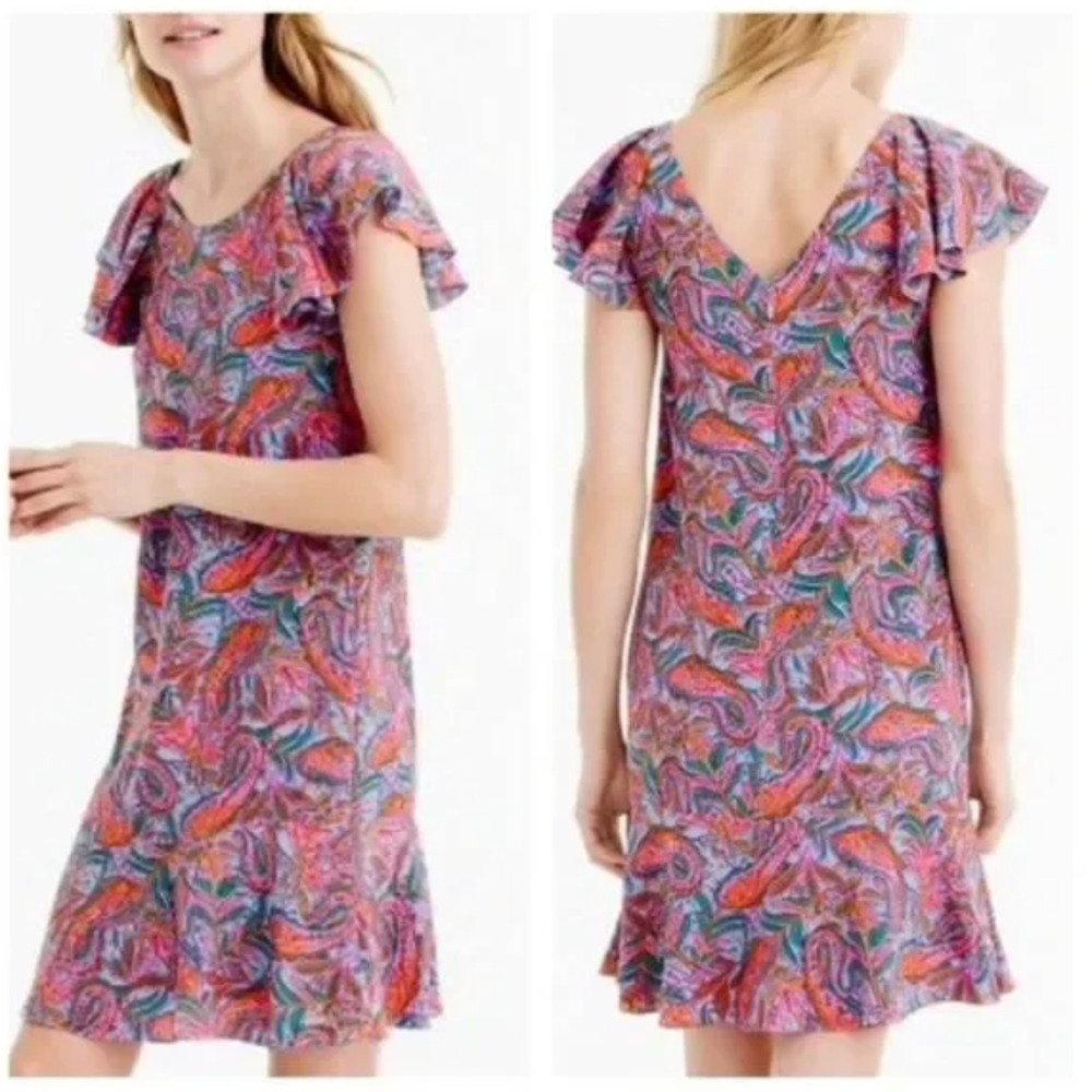 J. Crew 100% Silk Ruffle Flutter Sleeve Dress in Paisley Print, Size 2 🗣